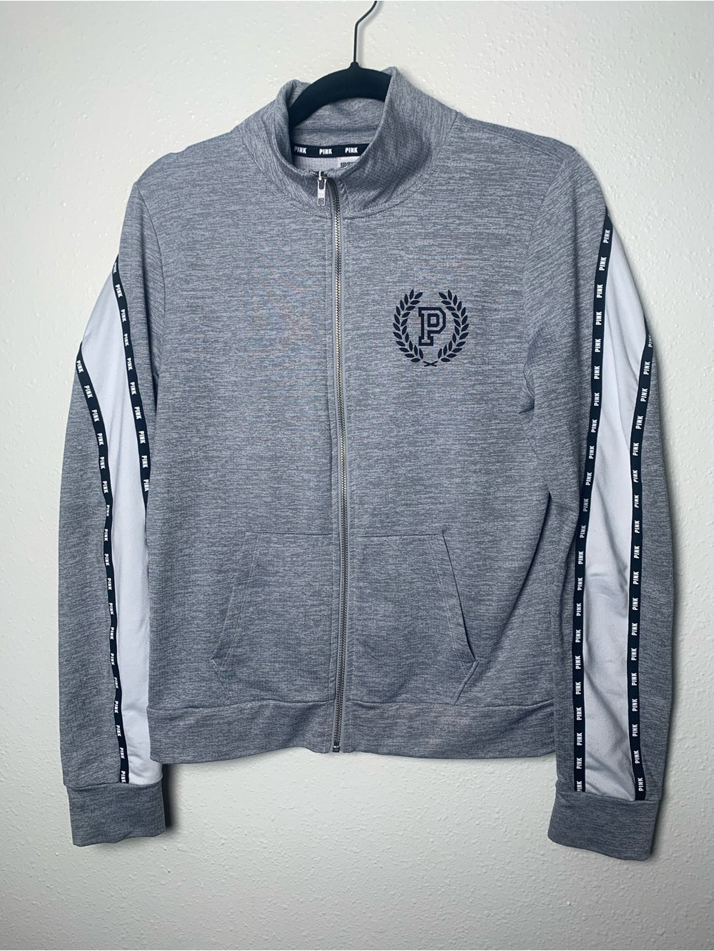 PINK Victoria's Secret Gray Zip-Front Track Jacket with White Sleeve Panels